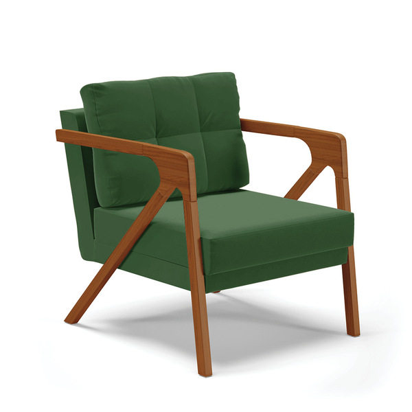 Poltrona Melissa Suede Verde Base De Madeira Castanho