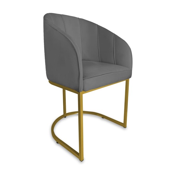 Poltrona Mia Suede Cinza Base Metálica Dourada - Vallisa Decor