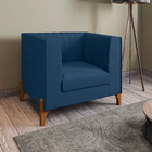 Poltrona Miami Veludo Azul Marinho Base De Madeira Castanho -