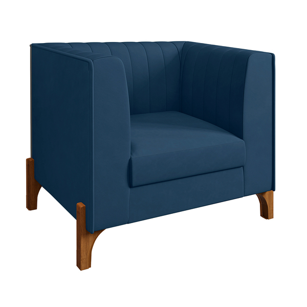 Poltrona Miami Veludo Azul Marinho Base De Madeira Castanho -
