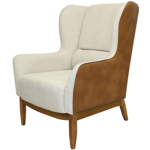 Poltrona Milena Base Madeira Corano Caramelo Linho Sand