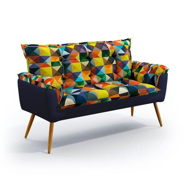 Poltrona Namoradeira Beta Suede Estampado Com Azul Marinho