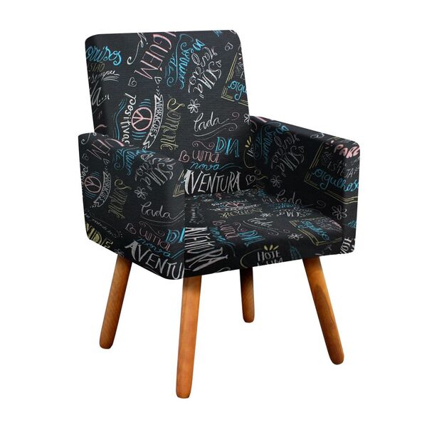 Poltrona Nina Estampado Preto Escrito D62 Pés Palito Castanho