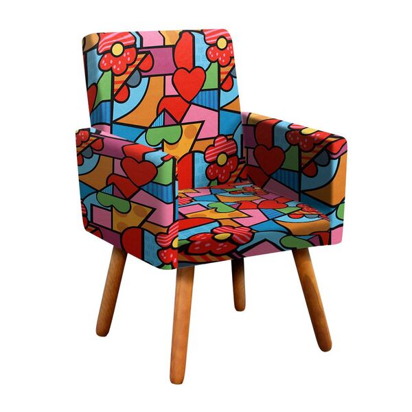 Poltrona Nina Estampado Romero Britto D15 Pés Palito Castanho