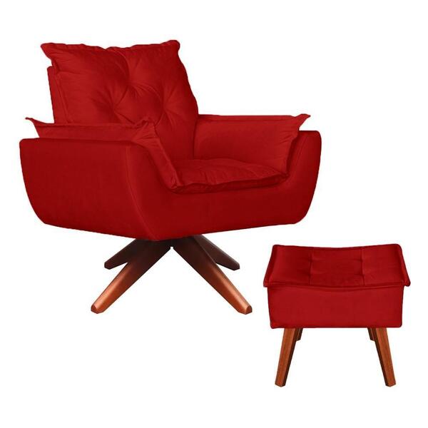 Poltrona Opala Base Giratória Com Puff Suede Vermelho