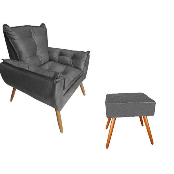 Poltrona Opala Com Puff Quadrado Suede Cinza