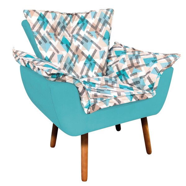 Poltrona Opala Composê Suede Azul Turquesa Com Estampado Traç
