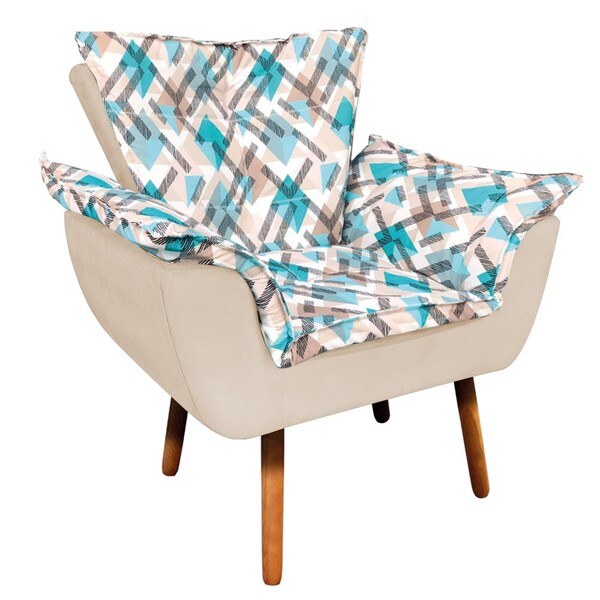 Poltrona Opala Composê Suede Bege Com Estampado Traçado Azul