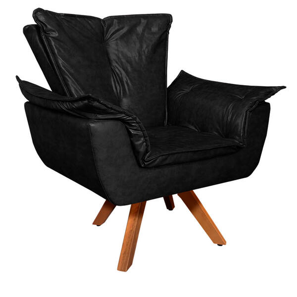 Poltrona Opala Corino Glow Preto Base Giratória Madeira Bnn D
