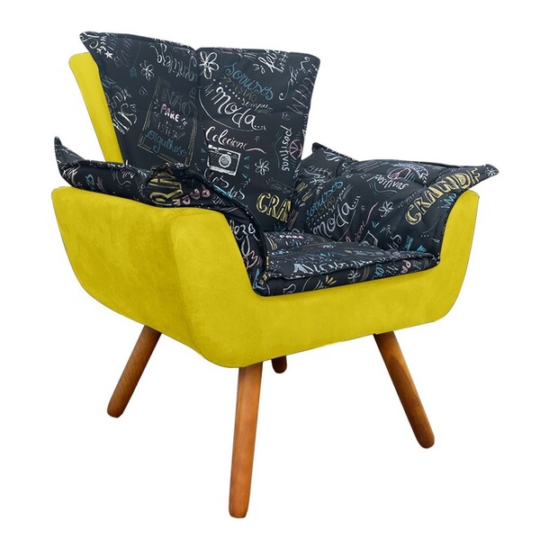 Poltrona Opala Estampado Preto Escrito D62 E Suede Amarelo Pé