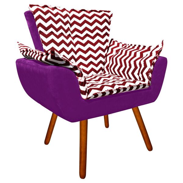Poltrona Opala Suede Estampado Zig Zag Vermelho D79 E Roxo Pé