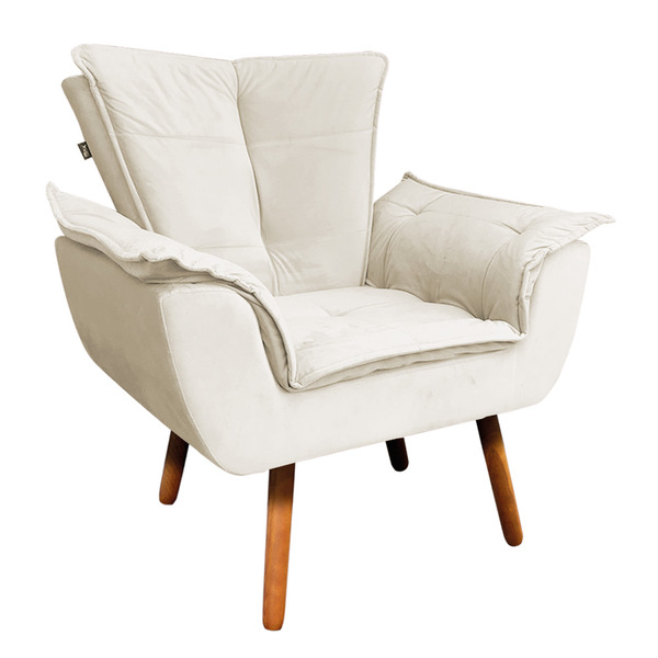 Poltrona Opala Veludo Bege Pes Palito Castanho