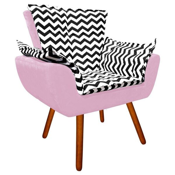 Poltrona Opala Zig Zag Preto D80 E Suede Rosa Bebê Pés Palito