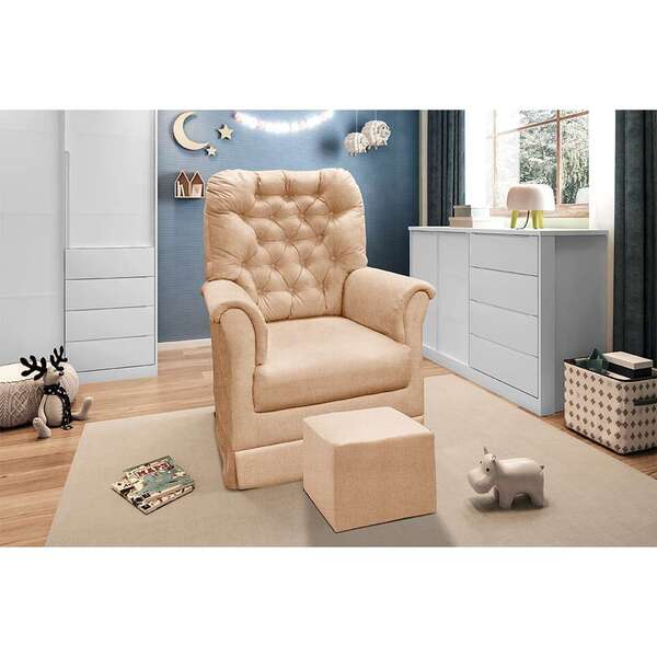 Poltrona Para Amamentação Balanço Com Puff Agatha Linho Bege