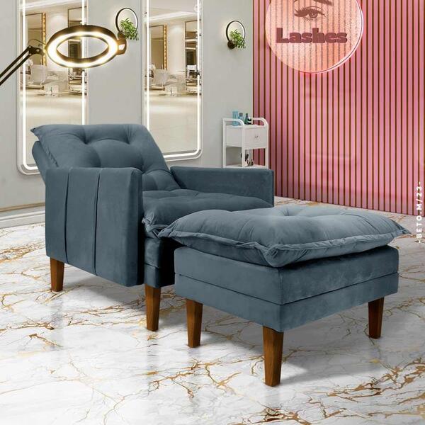 Poltrona Para Extensão De Cílios Com Puff Veludo Grafite Cinz