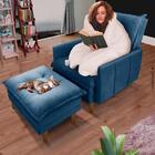 Poltrona Para Leitura Reclinável Com Puff Veludo Azul Polonia
