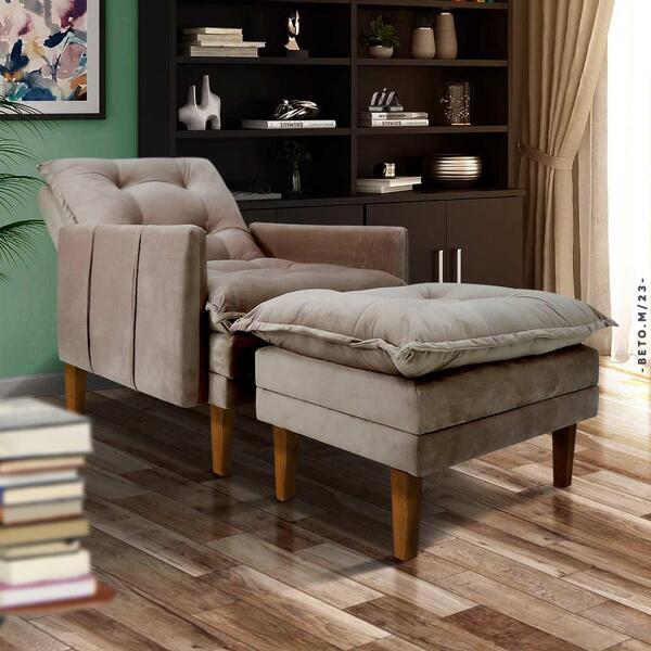 Poltrona Para Leitura Reclinável Com Puff Veludo Bege Germain