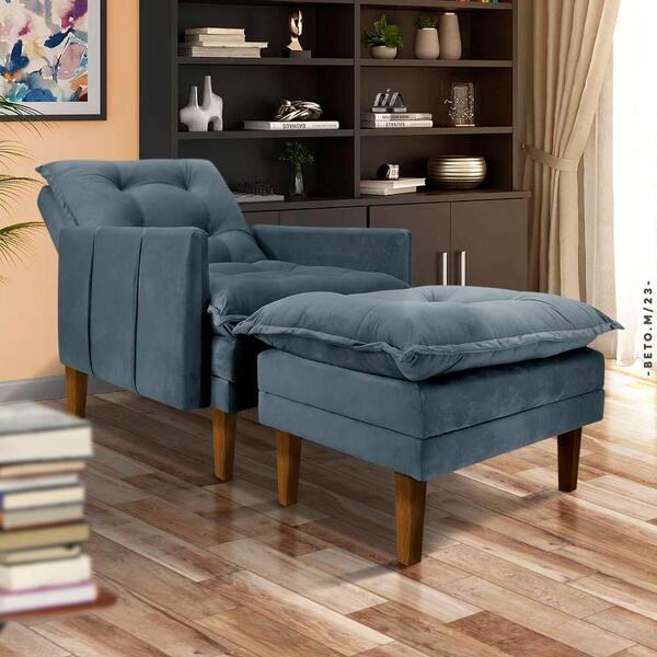 Poltrona Para Leitura Reclinável Com Puff Veludo Grafite Cinz