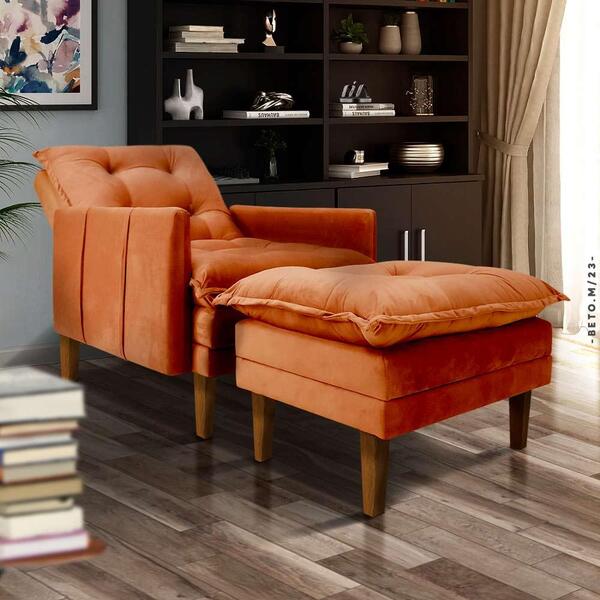 Poltrona Para Leitura Reclinável Com Puff Veludo Laranja Germ