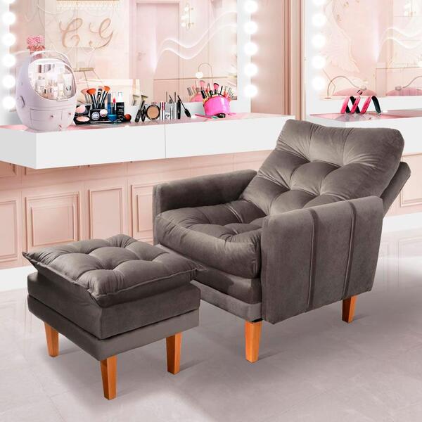 Poltrona Para Maquiagem Com Puff Veludo Bege Veneza Boutique