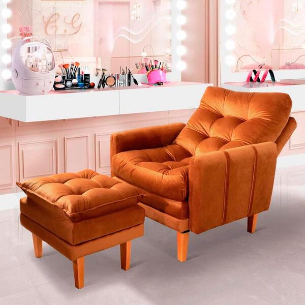 Poltrona Para Maquiagem Com Puff Veludo Laranja Veneza Boutiq