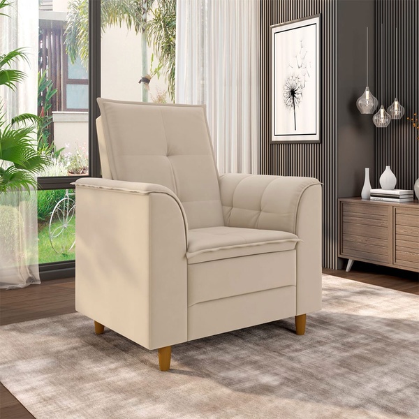 Poltrona Para Sala Confortável Decorativa Isa Veludo Bege