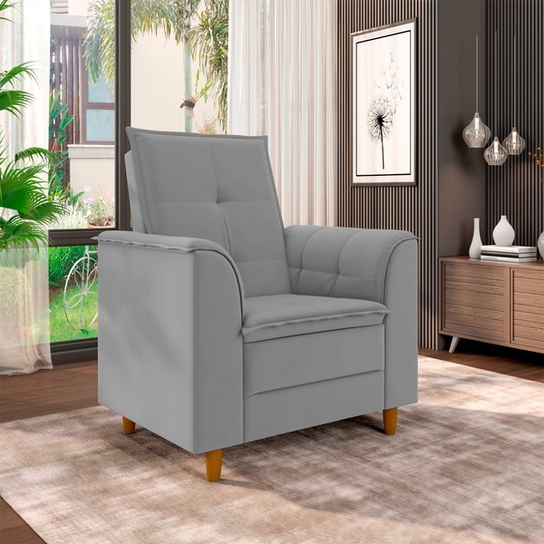 Poltrona Para Sala Confortável Decorativa Isa Veludo Cinza