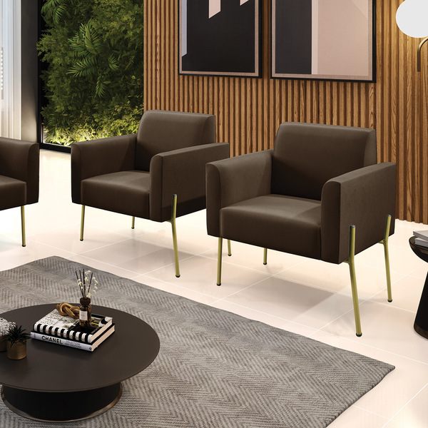 Poltrona Pé De Ferro Dourado Decorativa Kit 2 Marisa Suede D0