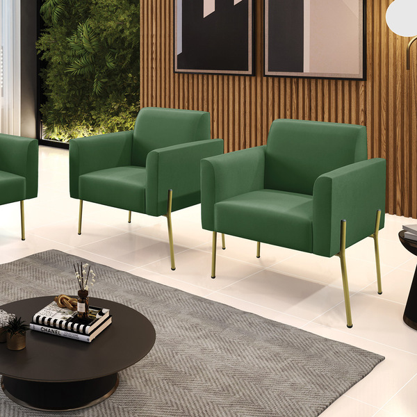 Poltrona Pé De Ferro Dourado Decorativa Kit 2 Marisa Suede D0