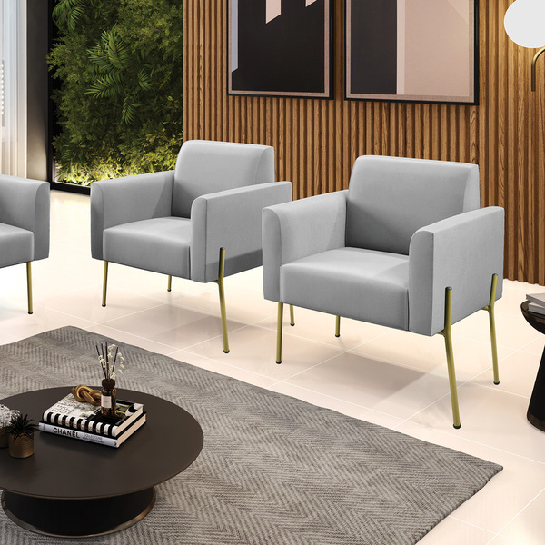 Poltrona Pé De Ferro Dourado Decorativa Kit 2 Marisa Suede D0