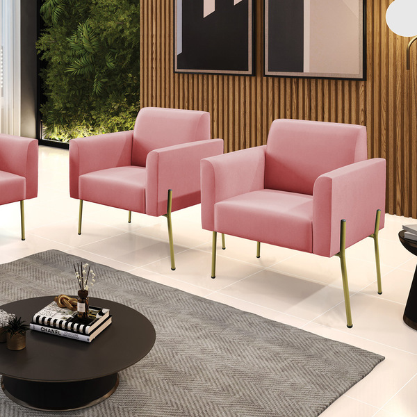 Poltrona Pé De Ferro Dourado Decorativa Kit 2 Marisa Suede Ro