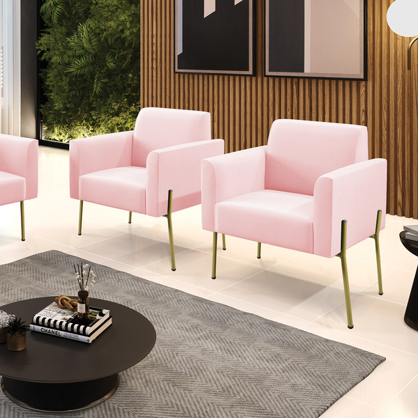 Poltrona Pé De Ferro Dourado Decorativa Kit 2 Marisa Suede Ro