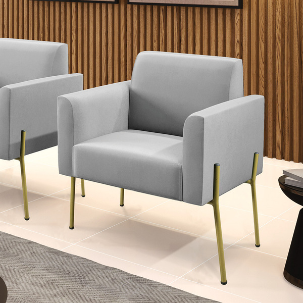 Poltrona Pé De Ferro Dourado Decorativa Marisa Suede - Cinza