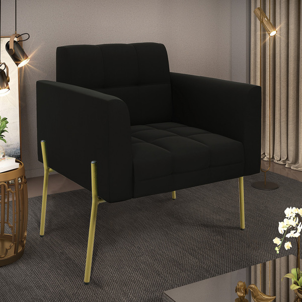 Poltrona Pé De Ferro Dourado Para Sala Elisa Suede D03 - D'ro