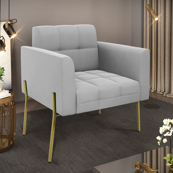 Poltrona Pé De Ferro Dourado Para Sala Elisa Suede D03 - D'ro