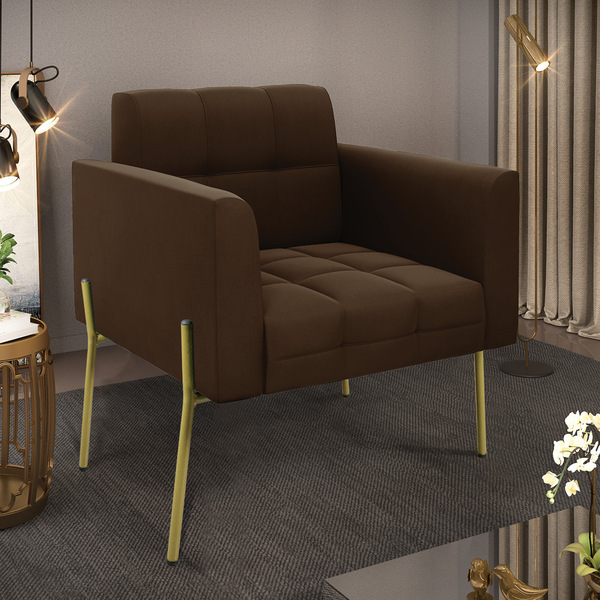 Poltrona Pé De Ferro Dourado Para Sala Elisa Suede D03 - D'ro
