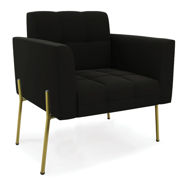 Poltrona Pé De Ferro Dourado Para Sala Elisa Suede Preto D03