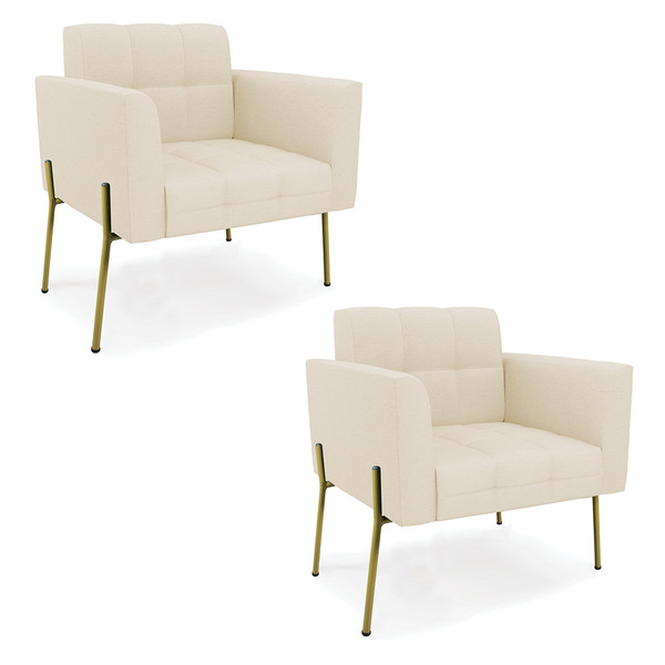 Poltrona Pé De Ferro Dourado Para Sala Kit 2 Elisa Linho Bege