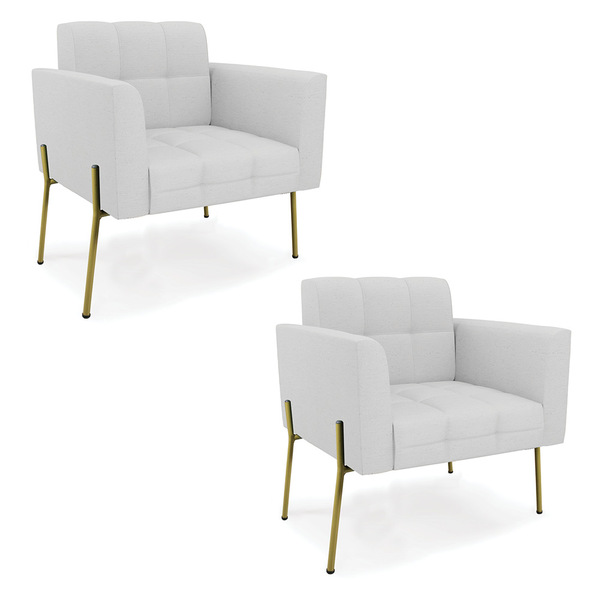 Poltrona Pé De Ferro Dourado Para Sala Kit 2 Elisa Linho D03