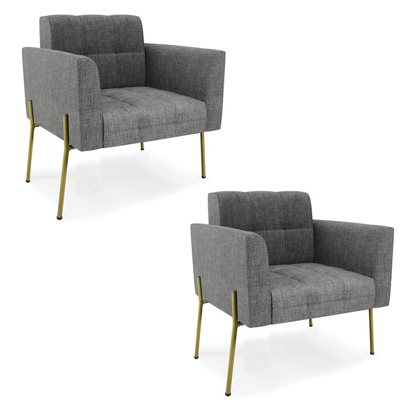 Poltrona Pé De Ferro Dourado Para Sala Kit 2 Elisa Linho D03