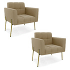 Poltrona Pé De Ferro Dourado Para Sala Kit 2 Elisa Suede D03