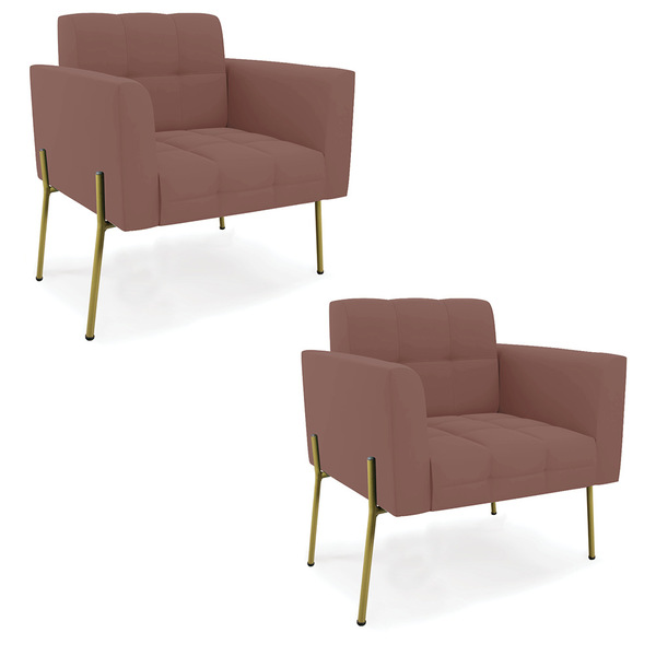 Poltrona Pé De Ferro Dourado Para Sala Kit 2 Elisa Veludo D03