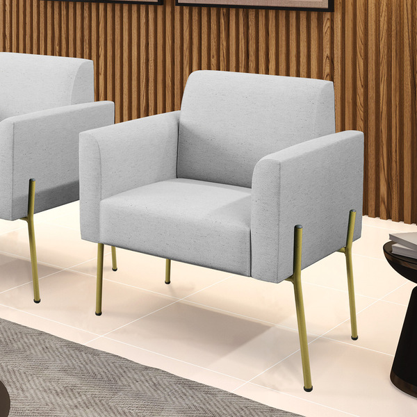 Poltrona Pé De Ferro Dourado Para Sala Marisa Linho Cinza