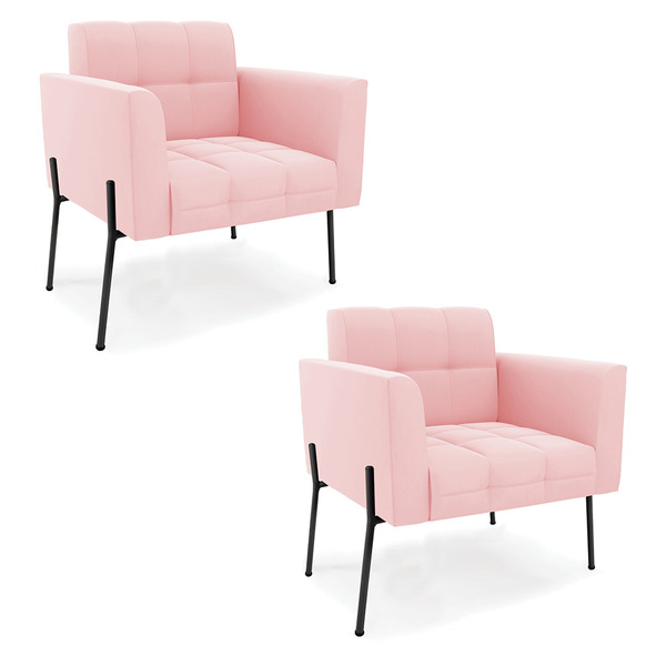 Poltrona Pé De Ferro Preto Para Sala Kit 2 Elisa Suede Rosa B