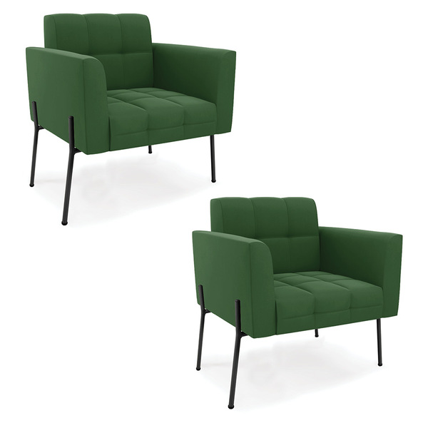 Poltrona Pé De Ferro Preto Para Sala Kit 2 Elisa Suede Verde