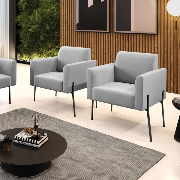 Poltrona Pé De Ferro Preto Para Sala Kit 2 Marisa Suede D03 -