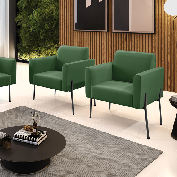 Poltrona Pé De Ferro Preto Para Sala Kit 2 Marisa Suede Verde