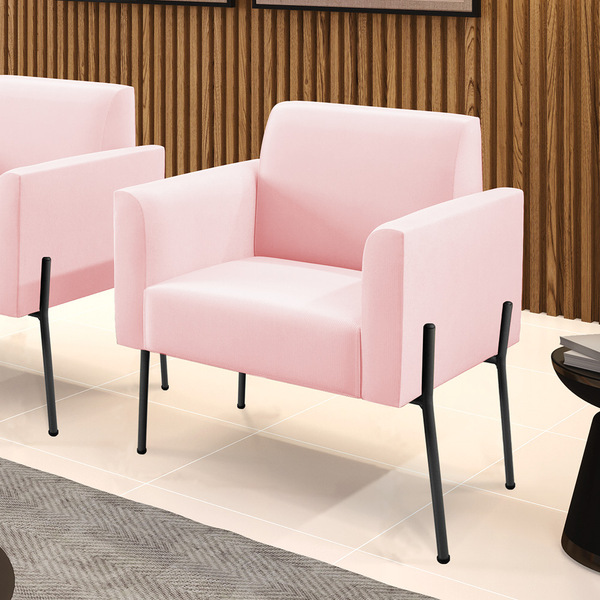 Poltrona Pé De Ferro Preto Para Sala Marisa Suede - Rosa Bebê