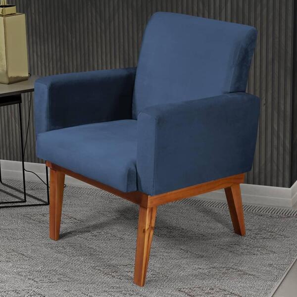 Poltrona Pés Madeira Maciça Veludo Luxe Olm Berlim - Azul