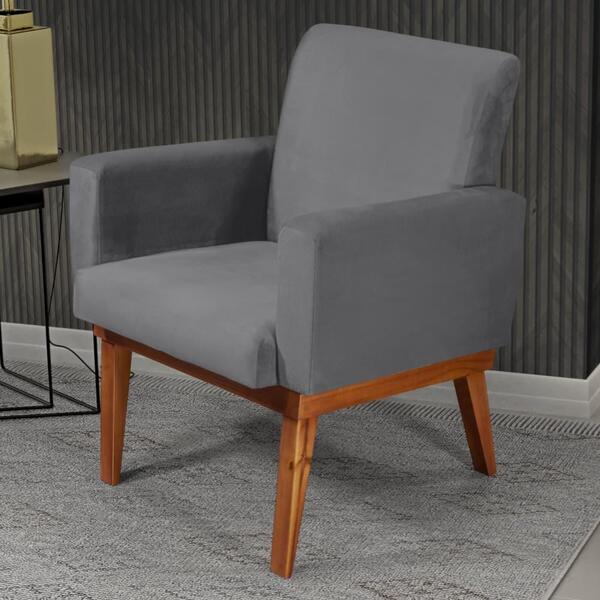 Poltrona Pés Madeira Maciça Veludo Luxe Olm Berlim - Grafite